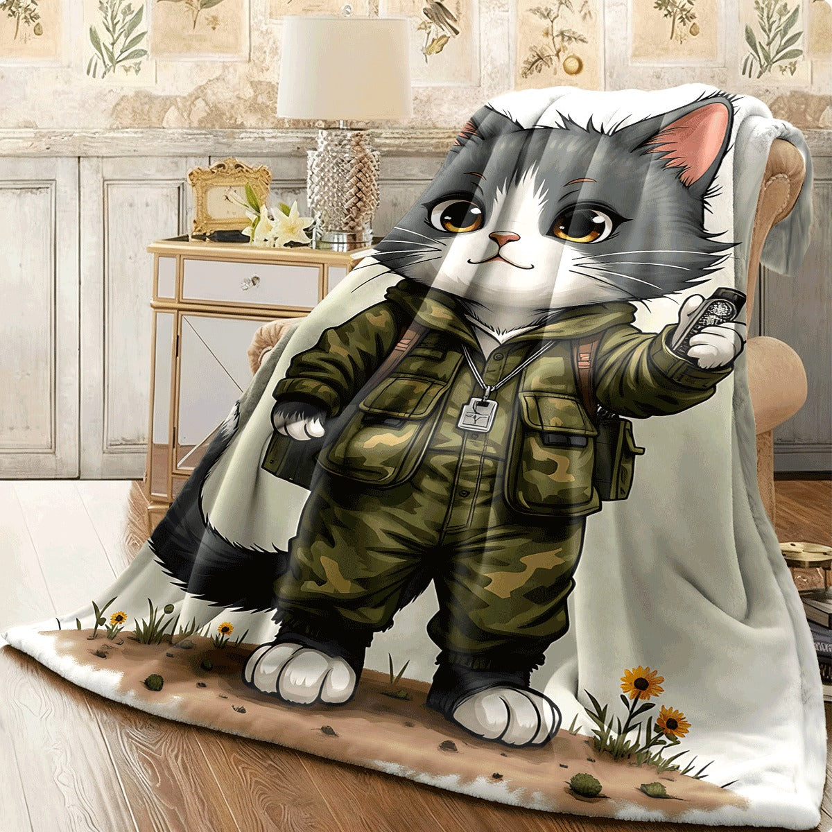 1pc Cute Gray and White Cat in Camouflage Uniform Soft Flannel Blanket Cozy Throw with Adorable Kitten Sunflowers & Adventure Style Design for Sofa
