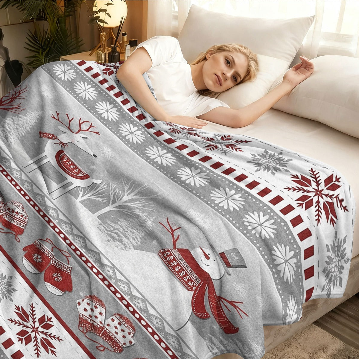 Ultra-Soft Thermal Flannel Blanket in a Comfortable Retro Design with Reindeer And Snowman Motifs, Perfect for Sofas Or Travel. Ideal for Holiday Gifts, This Vintage-Inspired Blanket Features a Holiday Motif