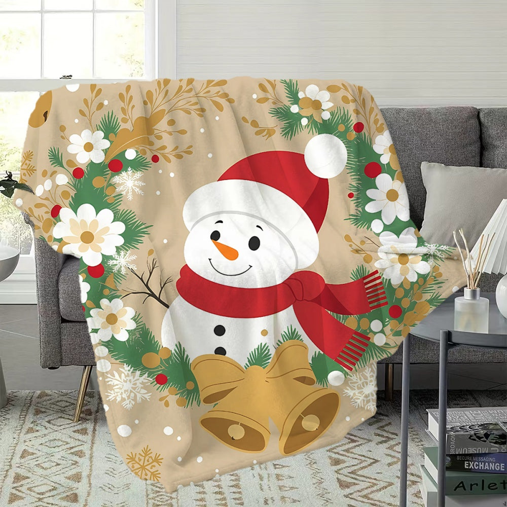 1pc Christmas Snowman with Wreath and Golden Bell Pattern Flannel Blanket, Soft, Comfortable, and Warm, Beige Pastoral Design, All-Season Universal Sofa Blanket, Warm Cover Blanket, Multiple Sizes Available, Suitable for Living Room Sofa