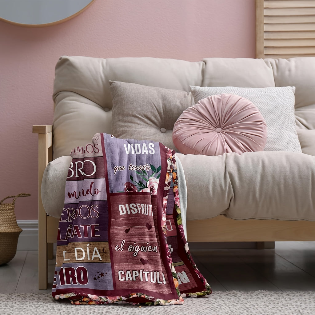 A Single Elegant Gift for Retiring Women - a Soft Flannel Throw Blanket Adorned with Uplifting Spanish Phrases, a Cozy Pink Blanket Suitable for All Seasons, Featuring Floral And Butterfly Patterns, Ideal for Use on a Couch,, Or While Traveling