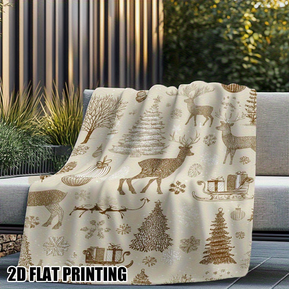 Ultra-Soft Beige Golden Christmas Blanket - Vintage Winter Reindeer Snowflake Pattern - All-Season Indoor And Outdoor Sofa Cover, Camping Home Decor - Luxurious Flannel Cover Or Decorative Blanket, Cozy Festive Atmosphere