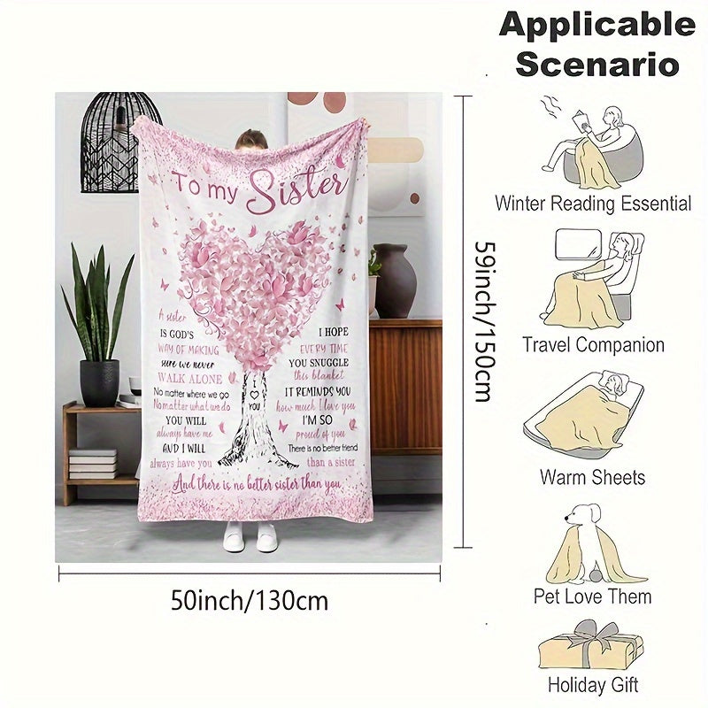 Glam Style Hypoallergenic Flannel Throw Blanket for Sister | Digital Print Character Theme with Heart Tree Pattern, All Seasons Tear-Resistant Blanket, Machine Washable, Multipurpose Use for Sofa,, Travel, Camping - Perfect Gift for Sister