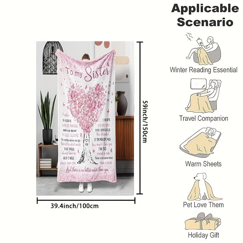 Glam Style Hypoallergenic Flannel Throw Blanket for Sister | Digital Print Character Theme with Heart Tree Pattern, All Seasons Tear-Resistant Blanket, Machine Washable, Multipurpose Use for Sofa,, Travel, Camping - Perfect Gift for Sister