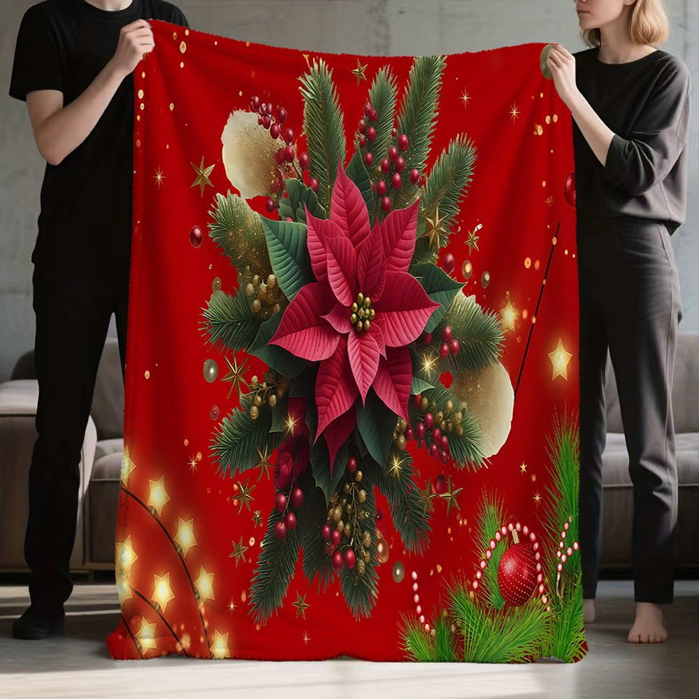 1pc Christmas Floral-themed Red Flannel Blanket, Soft, Comfortable, and Warm, with a Festive Design. A Versatile All-season Throw or Warm Cover Blanket, Available in Multiple Sizes. Suitable for Living Room Sofas, Bedroom, Leisure Reading