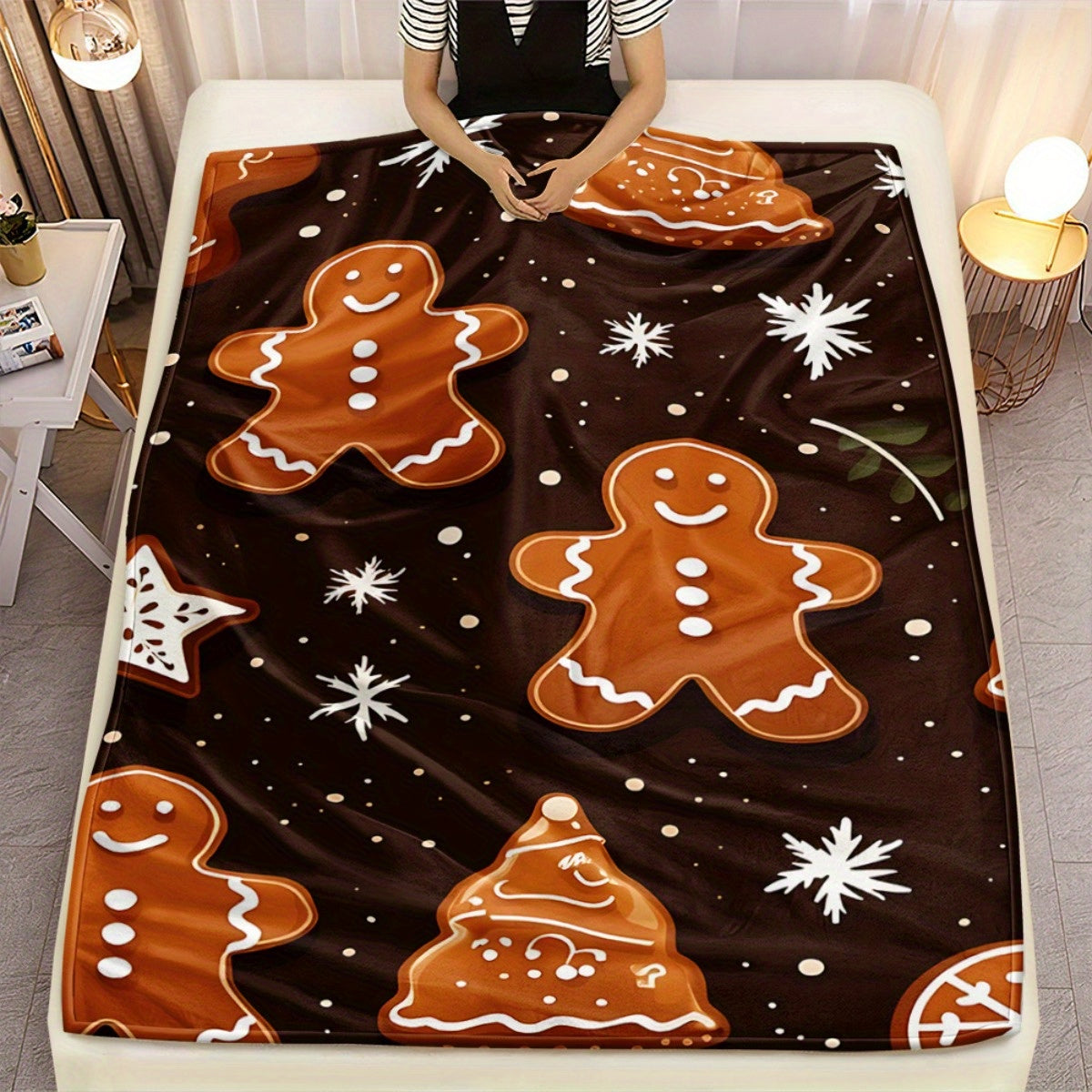 1pc Gingerbread for Man and Snowflake Christmas Themed Brown Flannel Large Blanket, Holiday Decorative Design, Large Plush Throw Blanket, Suitable for Weekend Sofa Naps, Bedroom Bed Use, and Seasonal Home Use