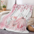 1pc, Autumn Pumpkin And Maple Leaf Pattern Flannel Blanket, Soft Comfortable Warm, Pink And White Design, Durable Plush, All-Season Bed Blanket, Warm Cover, Multiple Sizes Available, Suitable for Living Room Sofa, Bedroom Bed, Reading Corner