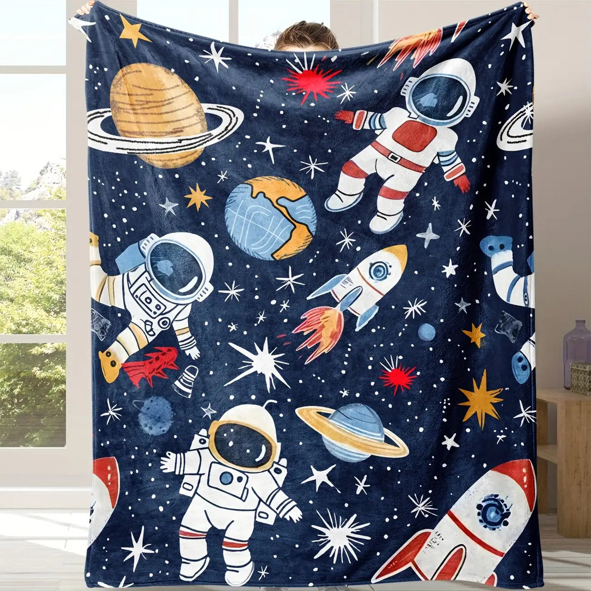 1pc Cozy Astronaut Blanket - Soft Flannel Fleece Space-Themed with Planets & Rockets, Lightweight All-Season Throw Suitable for, Sofa, Travel, Camping, & Room Decor