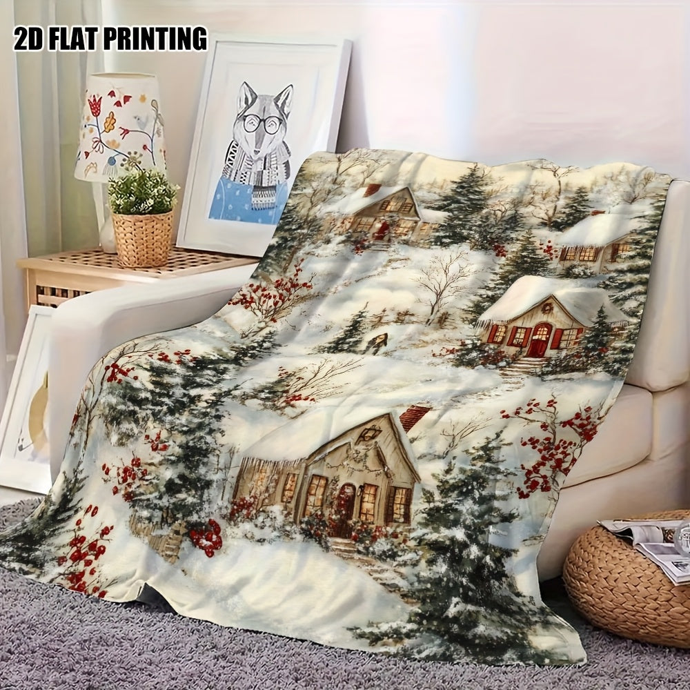 Retro Winter Village Pattern Flannel Blanket, Sofa And Chair Dual-Purpose Thermal Blanket, Warm Company Halloween And Christmas