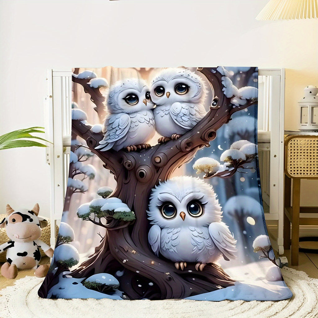 1pc 2D Flat Print, Snowy Night Two Owls Cuddling Blanket, Soft Flannel Blanket¡ªwhite and Blue Design, Multiple Sizes Available, Suitable for Living Room Sofas, Bedroom, Reading Nooks, Leisure Time, and Winter Warmth, 2D Flat