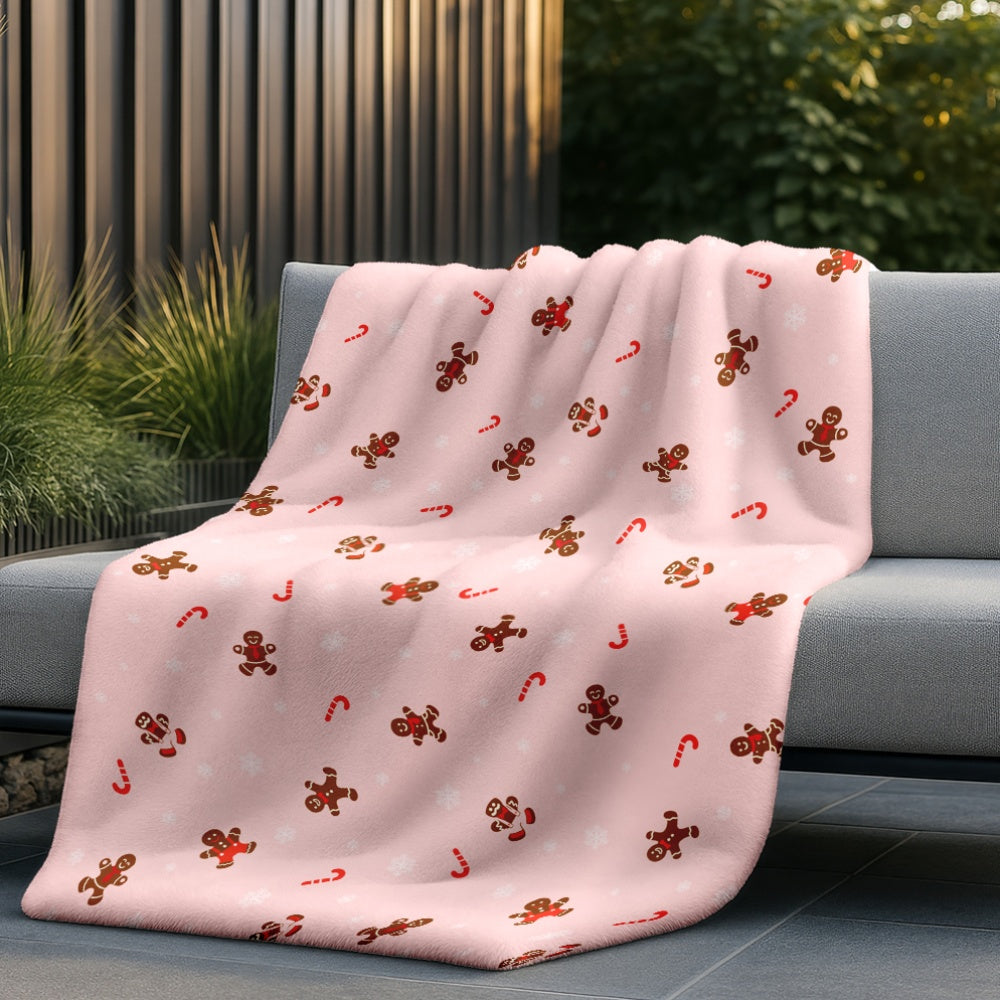 Pink Christmas Blanket with Gingerbread And Candy Cane Design, Warm And Cozy Flannel Blanket, Bed Blanket, Suitable for Home Leisure, Office, And S, Easy to Clean, Machine Washable