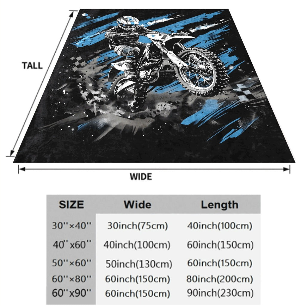 Flannel Blanket ? Single Piece ? Motorcycle Lovers Design ? Cozy Fleece Material ? Vibrant Motocross Rider & Dirt Bike Graphics ? Black, Blue, White, Gray Splashes ? Ideal for Home Decoration, Camping, Travel