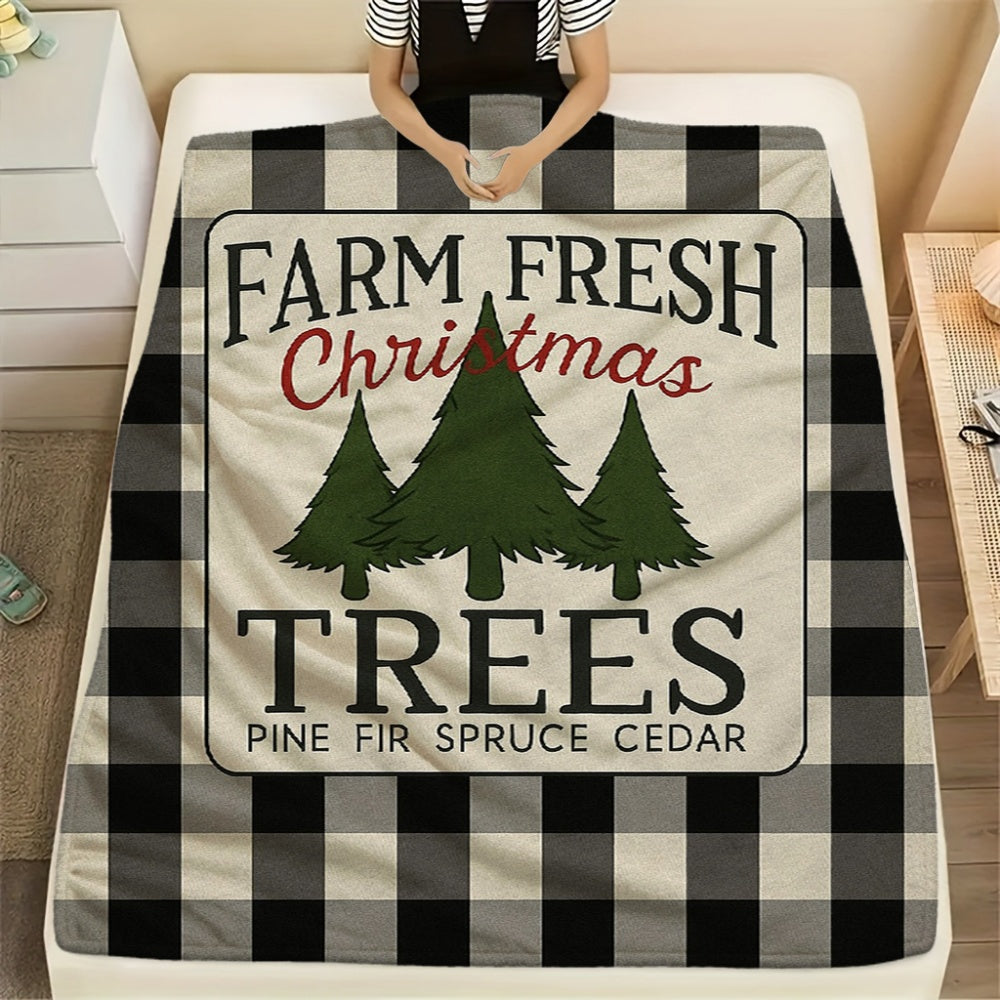 1pc Christmas Pine Tree And Text Pattern Cream Beige Flannel Blanket, Festive Warm Design, Soft Plush All-Season Use, Suitable for Weekend Sofa Naps, Reading Time, And Dorm Life