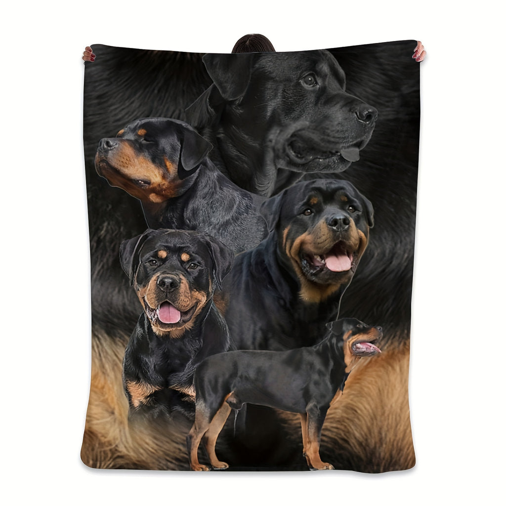 1pc 60x50 Inch Flannel Blanket - Realistic Rottweiler Dog Print, Hypoallergenic Soft Cozy All-Season Throw, Hand Wash Only, Perfect Gift for Dog Lovers, Home Decor & Warmth, Dog Blanket, Vintagestyle Design
