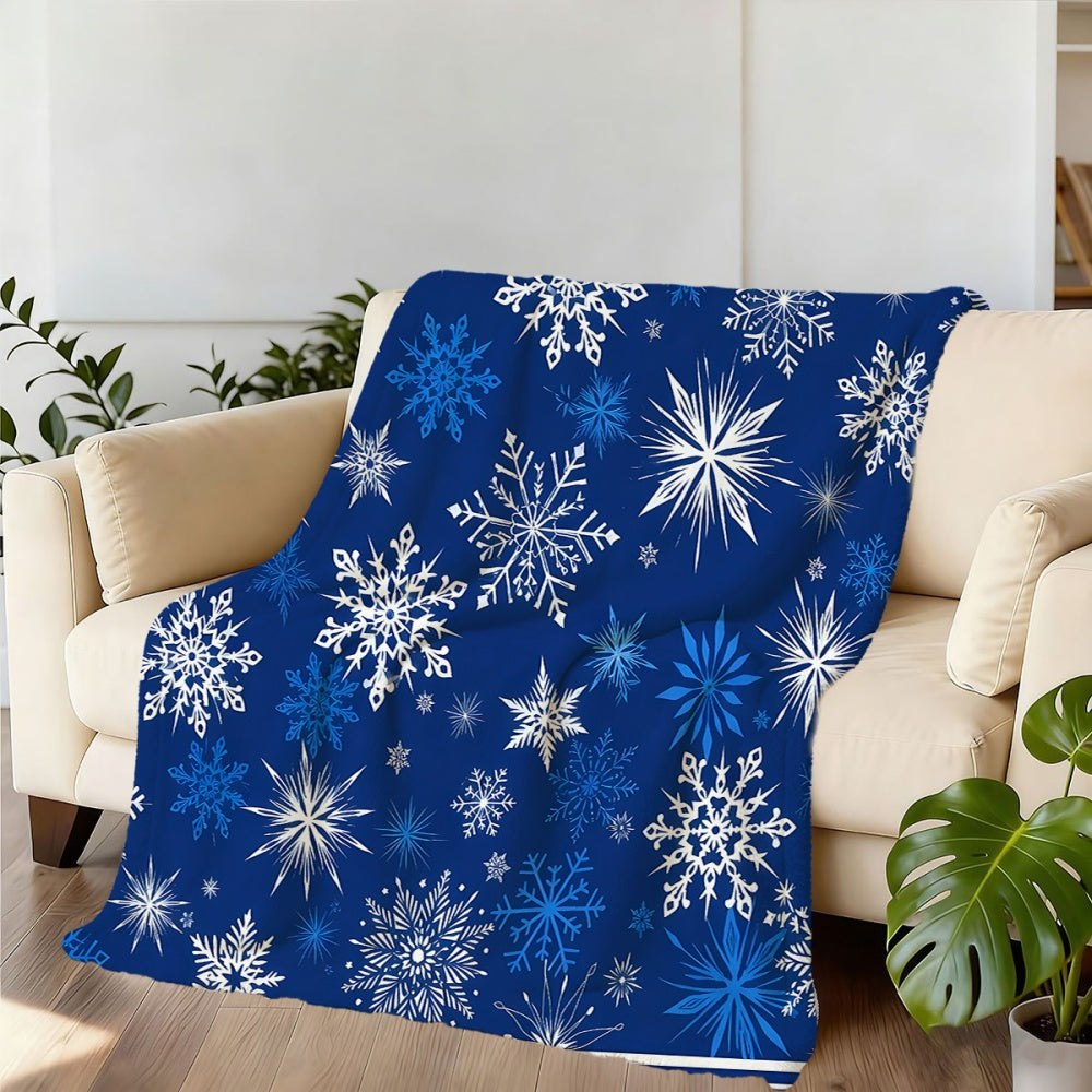 1pc Blue Snowflake-themed Flannel Blanket, Soft, Comfortable, and Warm, with a Dark Blue and White Design. A Four-season Universal Blanket and Warm Throw Blanket, Available in Multiple Sizes. Suitable for Living Room Sofas, Bedroom