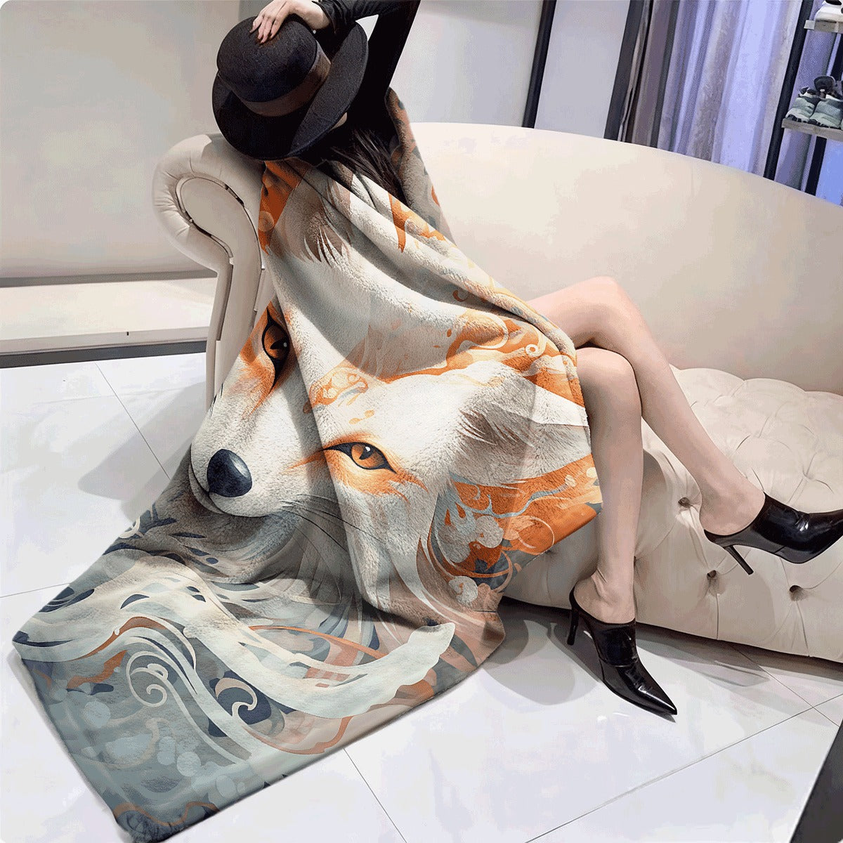 1pc Enchanted White Fox Flannel Blanket Artistic Whirlpool Pattern Ultra Soft Cozy Warm Throw for Sofa All-Season Comfort Stylish Home Decor