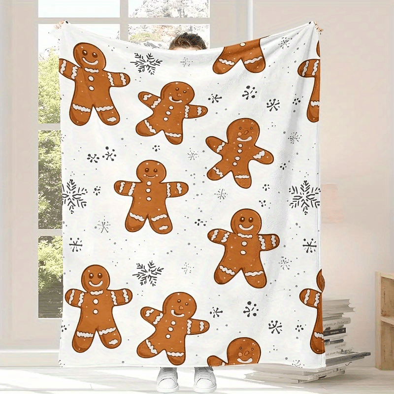 1 Comfortable Flannel Christmas Blanket - White with Holiday Gingerbread Man And Snowflake Pattern, Four Seasons Sofa, Home Decor, Machine Washable, Christmas Shawl, Snowflake Print, Durable Material, Winter Comfort Choice