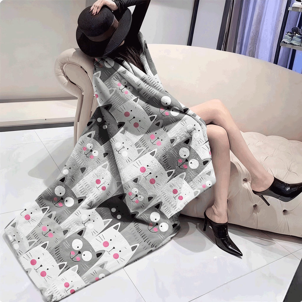 1pc Cute Cat Pattern Ultra-Soft Flannel Blanket All-Season Warm Cozy Throw for Couch Adorable Gray White Cats with Pink Cheeks Print Plush Fleece Fabric