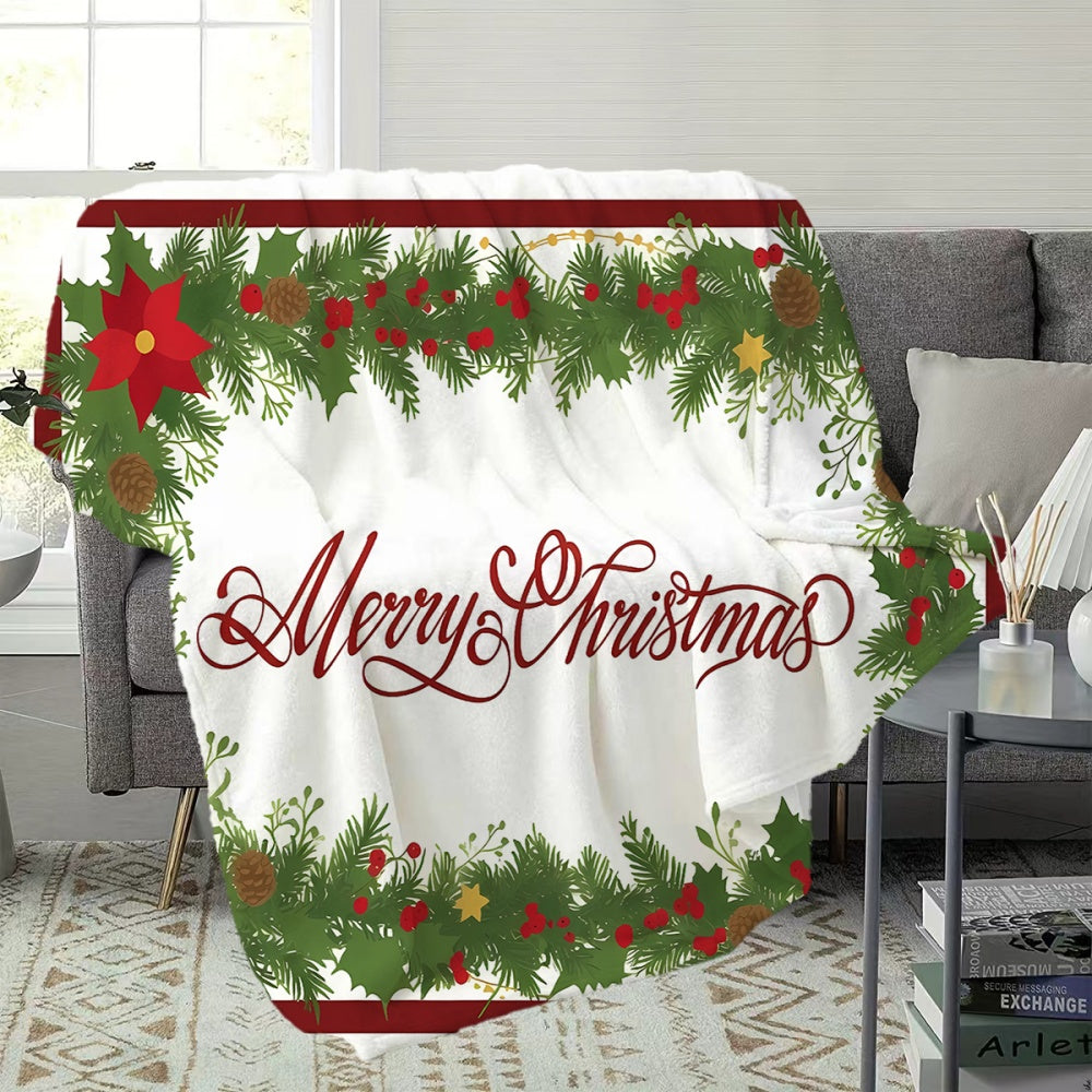 1pc Christmas Holiday-themed Flannel Blanket with a Christmas Wreath and Red Floral Pattern, Soft, Comfortable, and Warm. Features a White Base Design, Suitable for All Seasons as a Throw or Warm Cover. Available in Multiple Sizes