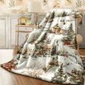 1pc Christmas Winter Village Flannel Blanket Snowy Cottages Trees Poinsettias Holiday Print Cozy Soft Fleece Throw for Couch All-Season Warm