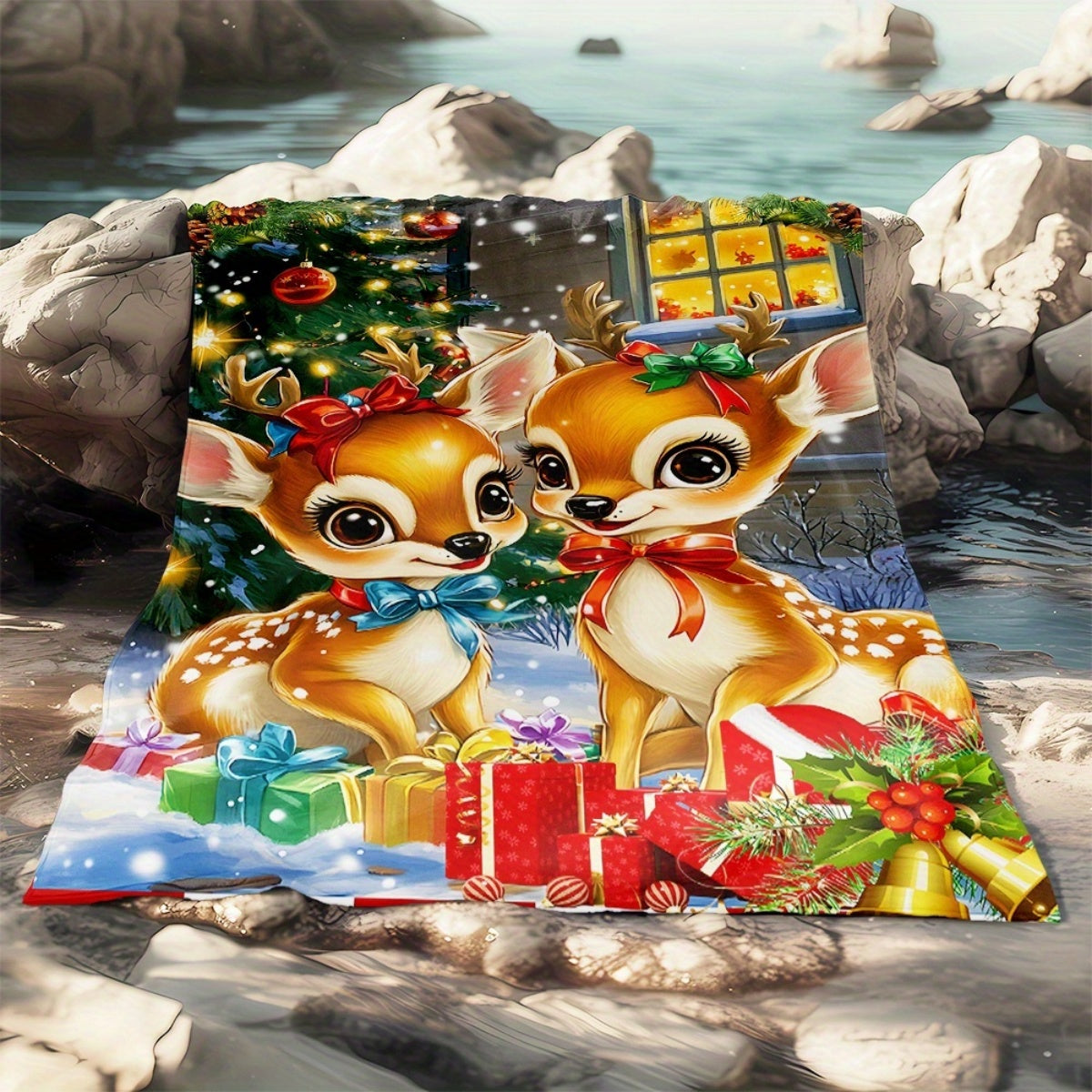 1pc 2D Flat Printing, Christmas Reindeer And Gifts Blanket, Soft Fleece Throw, Warm Orange Design, All-Season Use, Cozy Cover, Multi-Size Available, Suitable for Living Room, Bedroom, Sofa,, And Reading Nook