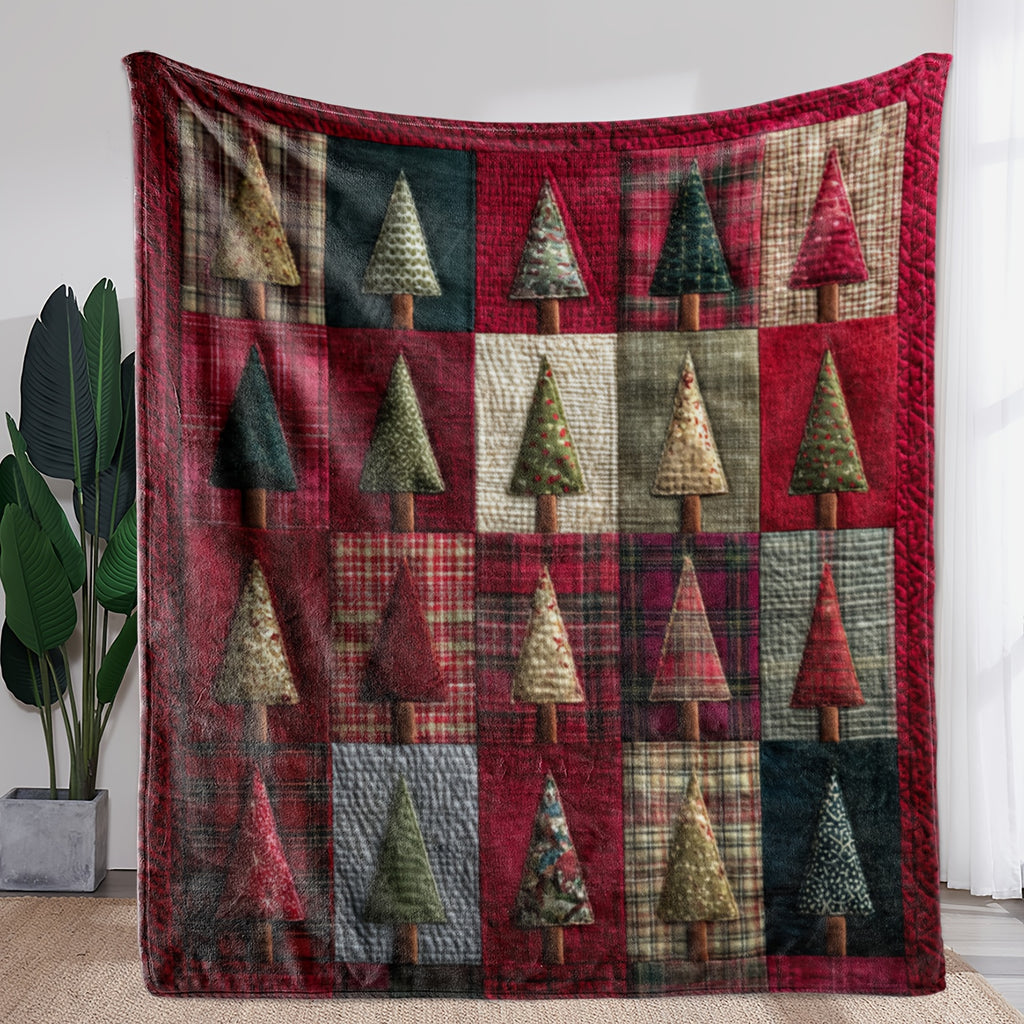 Christmas Tree Patchwork Theme Digital Printed Flannel Blanket - 100% Fiber, Suitable for Light and Warm Adaptation in All Seasons, Shop, Sofa and Other Scenes, Presenting Festive Style, Conveying Christmas Atmosphere