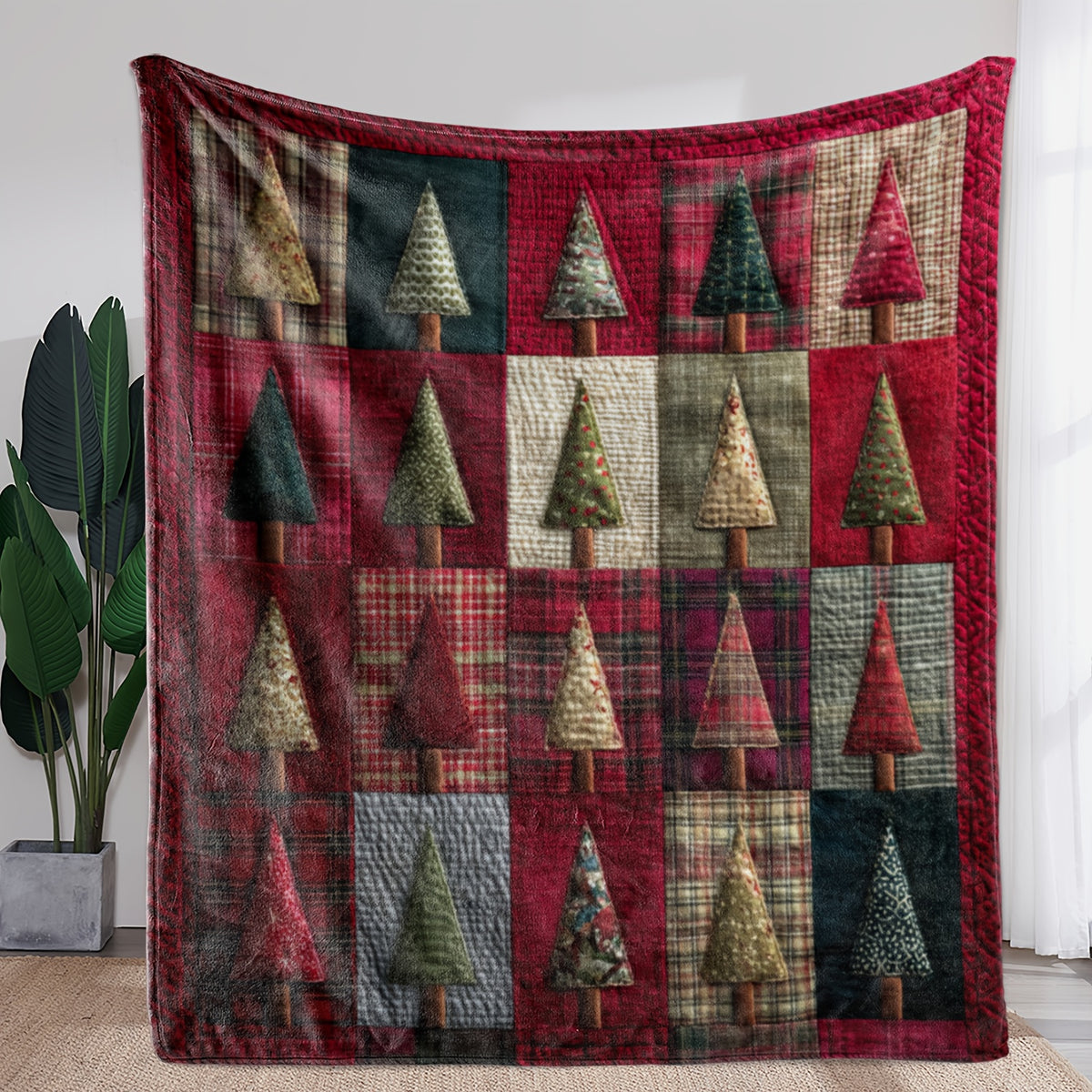 Christmas Tree Patchwork Theme Digital Printed Flannel Blanket - 100% Fiber, Suitable for Light and Warm Adaptation in All Seasons, Shop, Sofa and Other Scenes, Presenting Festive Style, Conveying Christmas Atmosphere