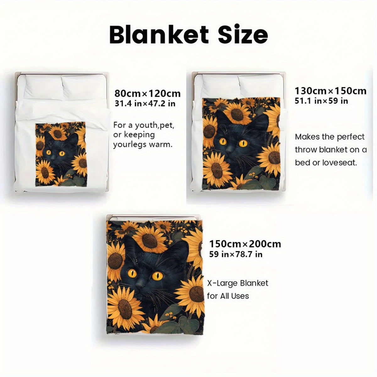 1pc Black Cat & Sunflowers HD Printed Flannel Blanket - All-Season Soft Lightweight Throw for Camping, Travel, Home, Office - Contemporary Anime Design Cozy Gift, Travel Blanket, Vibrant Design, Durable Fabric