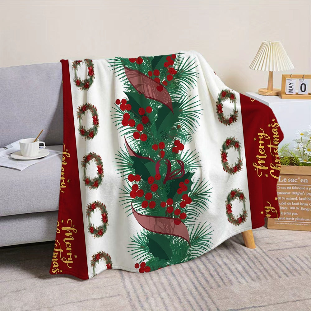 1 Christmas Flannel Blanket with Pine Branch, Red Berries, and Wreath Patterns. Soft, Comfortable, and Warm. Features a Red, White, and Green Color Scheme. A Versatile All-season Sofa Throw and Warm Lap Blanket. Available in Multiple Sizes