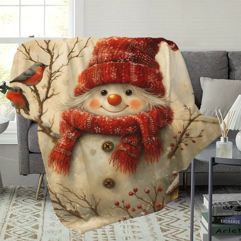 1pc, 2D Flat Snowman and Bird Winter Christmas Themed Flannel Blanket, Soft, Comfortable, and Warm, Red-Brown Beige Design, Durable Plush Surface, Suitable for All Seasons, Warm Throw Blanket, Suitable for Home Naps, Reading Time, Dorm Life, 2D Flat