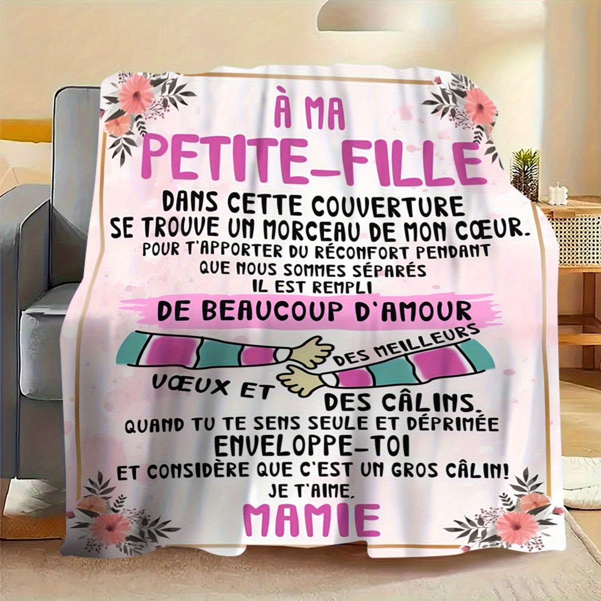 French Granddaughter Gift Blanket - Soft Flannel Shawl, Bilingual "My Little Daughter" Love Blessing, Light Color Floral Pattern, All Season Comfortable Sofa, Blanket, Modern Floral Design, Cute Blanket
