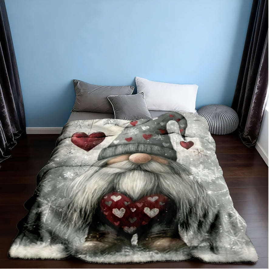 1pc Charming Christmas Gnome Flannel Blanket - Fantasy Theme with Playful Gnomes, Hearts, and Snowflake Patterns, All-season Machine-washable Polyester Fiber, Multi-purpose for Home Decor, Camping, Travel, Office - Mixed Colors, Travel Blanket |