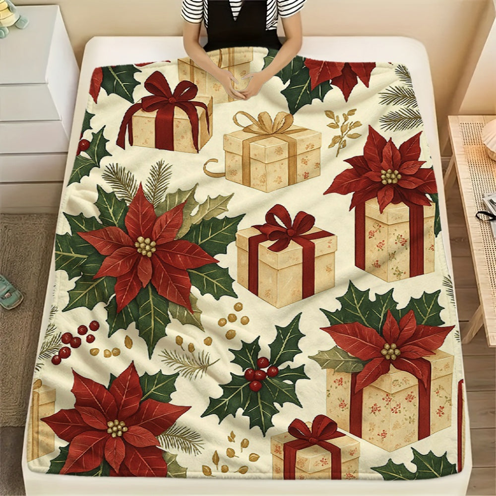 1pc Christmas Red Green Floral And Gift Box Pattern Cream Flannel Blanket, Festive Warm Design, Soft Plush All-Season Use, Suitable for Weekend Sofa Naps, Living Room Sofa Cover And Holiday Home Decor