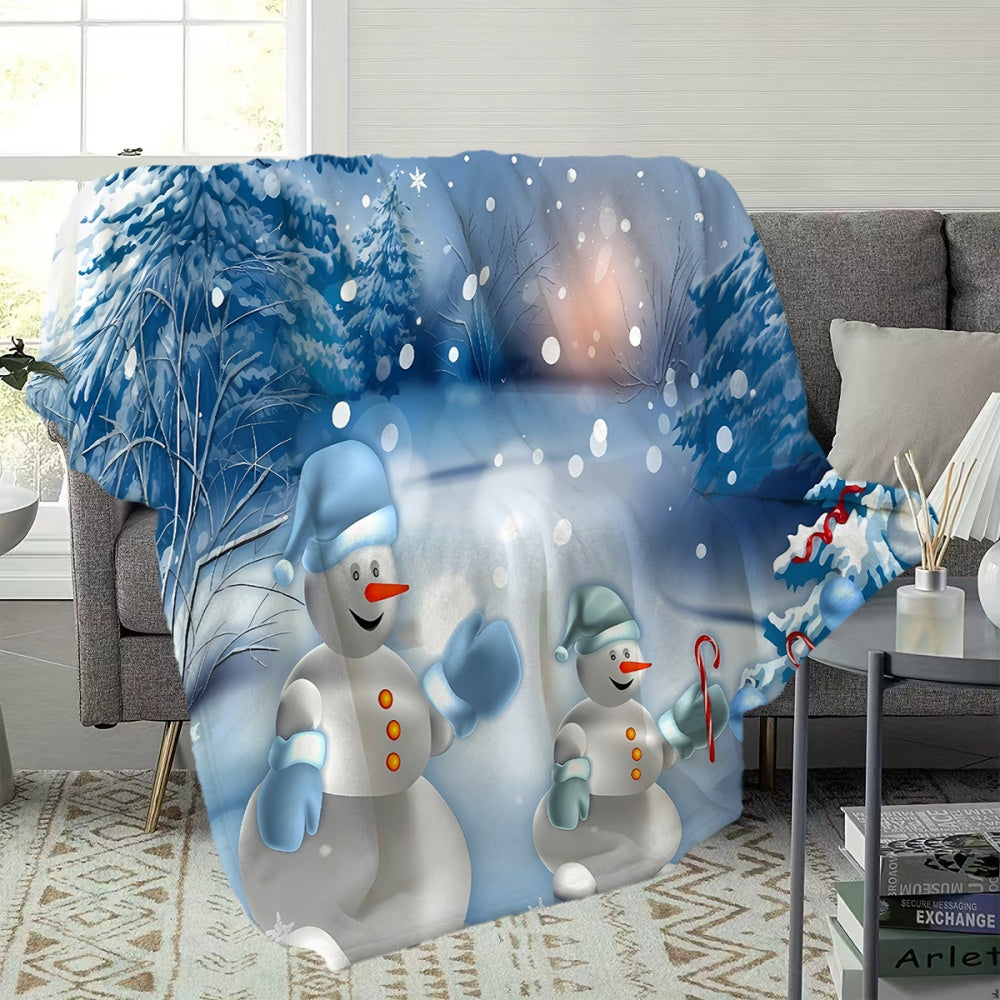 1pc Christmas Snowman And Winter Forest Flannel Blanket, Soft Comfortable Warm, Blue-Toned Design, All-Season Sofa Blanket, Warm Cover, Multiple Sizes Available, Suitable for Living Room Sofa, Bedroom, Reading Corner, Leisure Time