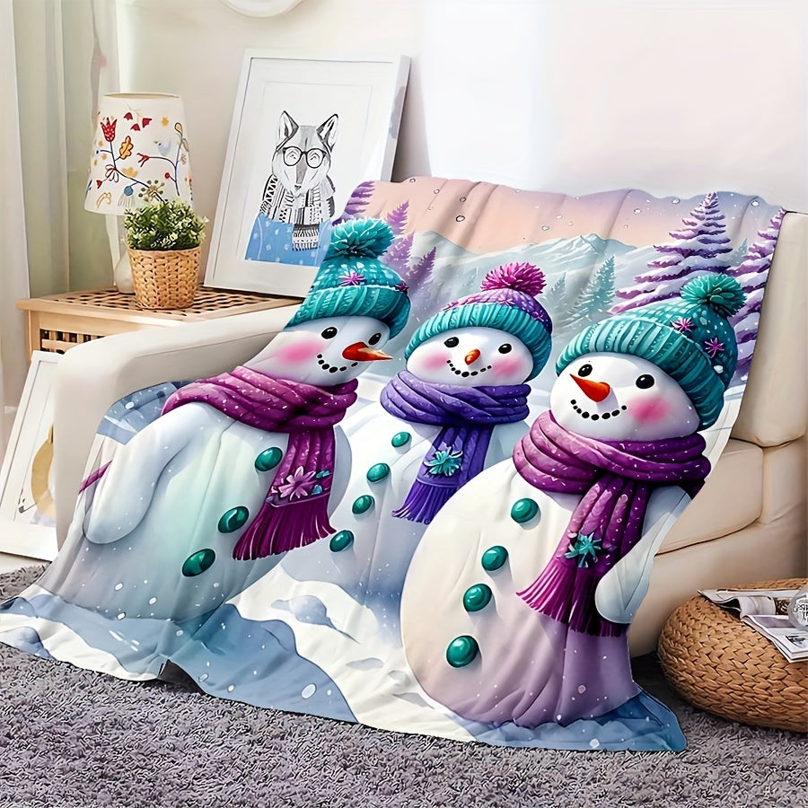 1pc 2D Flat Print Snowman and Winter Forest Themed Blanket, Flannel Throw in Purple and Blue Tones, Soft Cover Blanket - Multiple Sizes Available, Suitable for Living Room Sofas, Bedroom, Holiday Decorations, and Outdoor Picnics, 2D Flat
