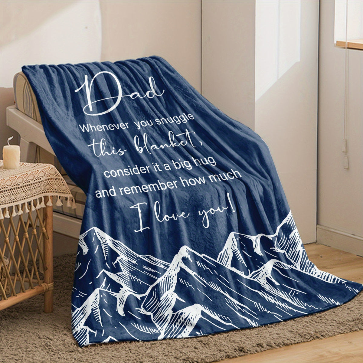 1pc Dad Gift Blanket from Daughter & Son - Soft Flannel ized Parent Name & Photo/ (Contact), French-Style Mountain Design Suitable for Father's Day, Birthday, Christmas - Cozy or Couch Throw