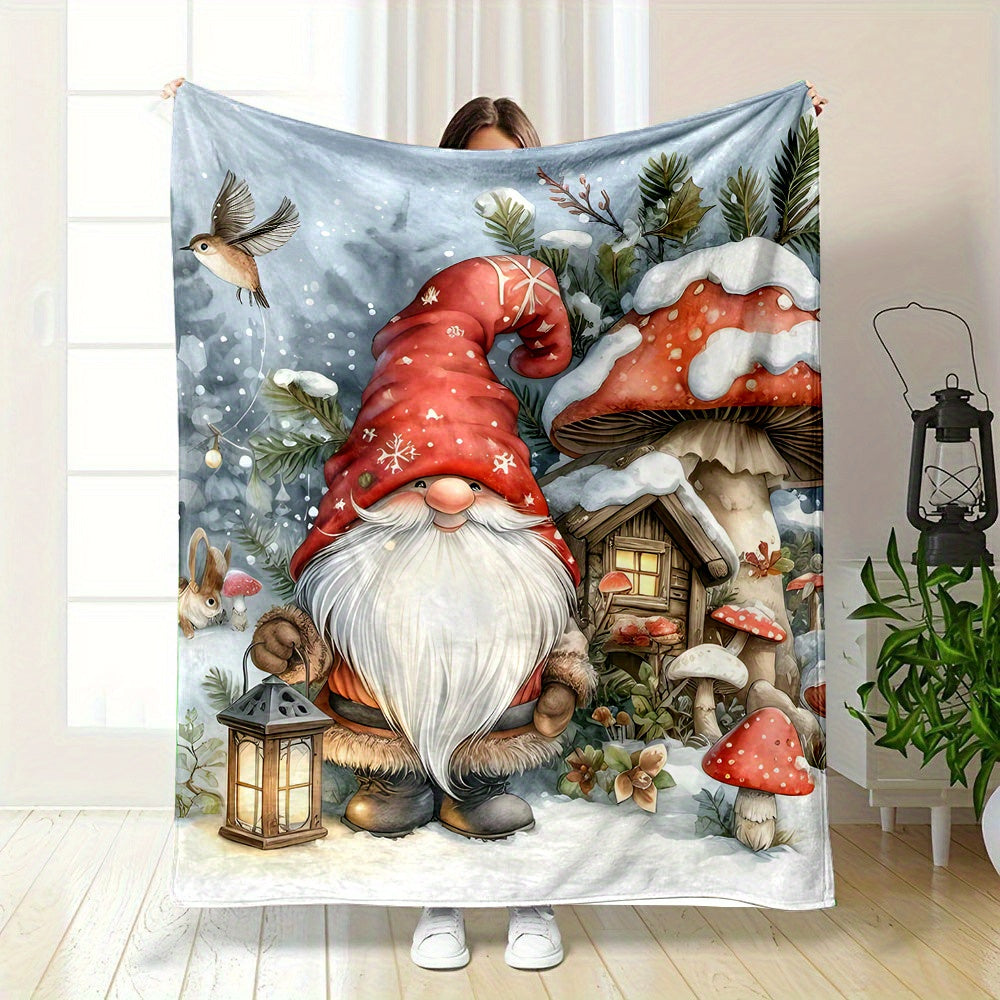 1pc Christmas Elf And Snowy Mushroom Pattern Red Design Flannel Oversized Blanket, Multi-Size Full-Body Blanket, Christmas Winter Decor, Durable Plush, All-Season Use, Suitable for Holiday Home Decoration, Reading Time, Weekend Sofa Nap