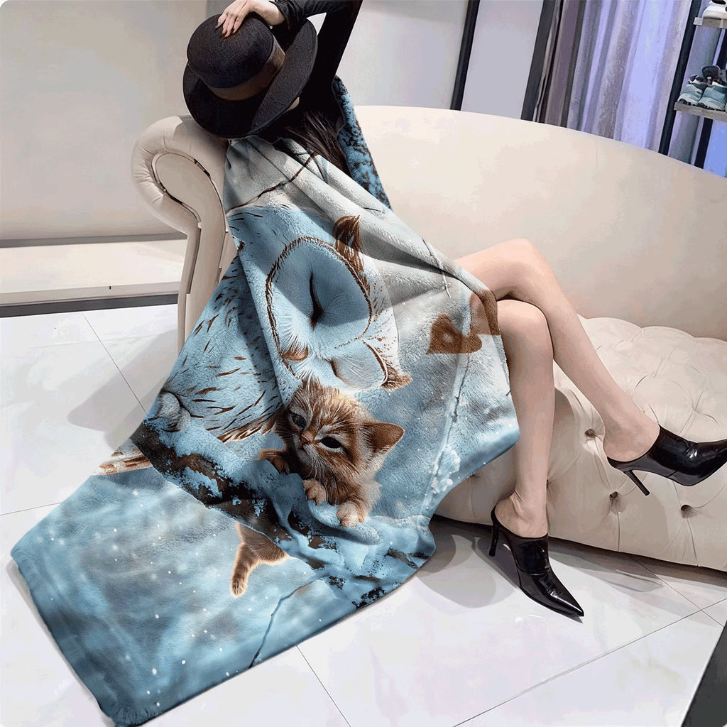 1pc Winter Wonderland Fleece Blanket Lightweight Flannel Throw with Snowy Owl & Kitten Design Portable for Sofa Travel Camping Living Room Office Couch Chair and Soft & Warm Polye