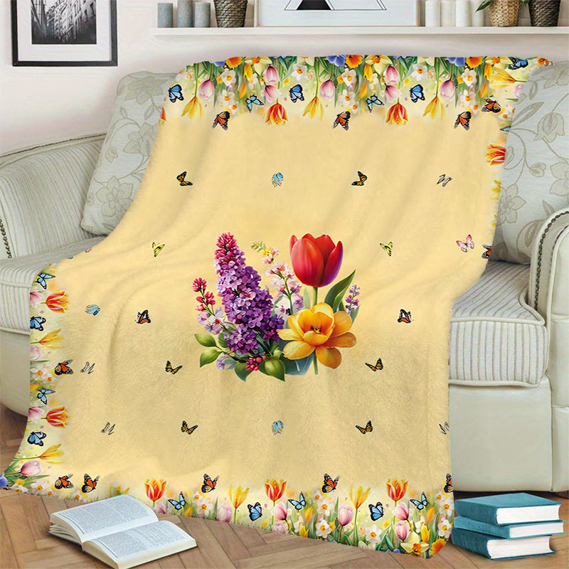 1pc Floral Butterfly Patterned Blanket, Spring Style Design, Soft Plush Surface, Flannel Material Lightweight And Durable, Multiple Sizes Available, Ideal for Holiday Gatherings, Living Room Leisure, Bedroom Sleep, Study Reading, Seasonal Home Decor
