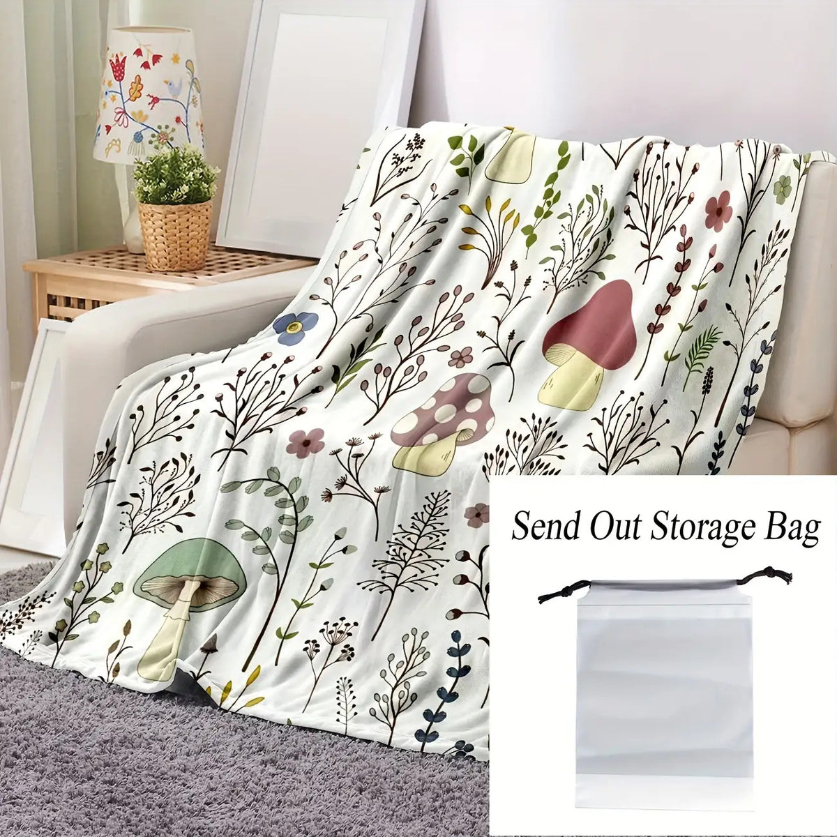 Cozy Mushroom Pattern Flannel Throw Blanket- Soft, Warm& Lightweight for Couch,, Travel, and Office Use- Perfect Gift Idea