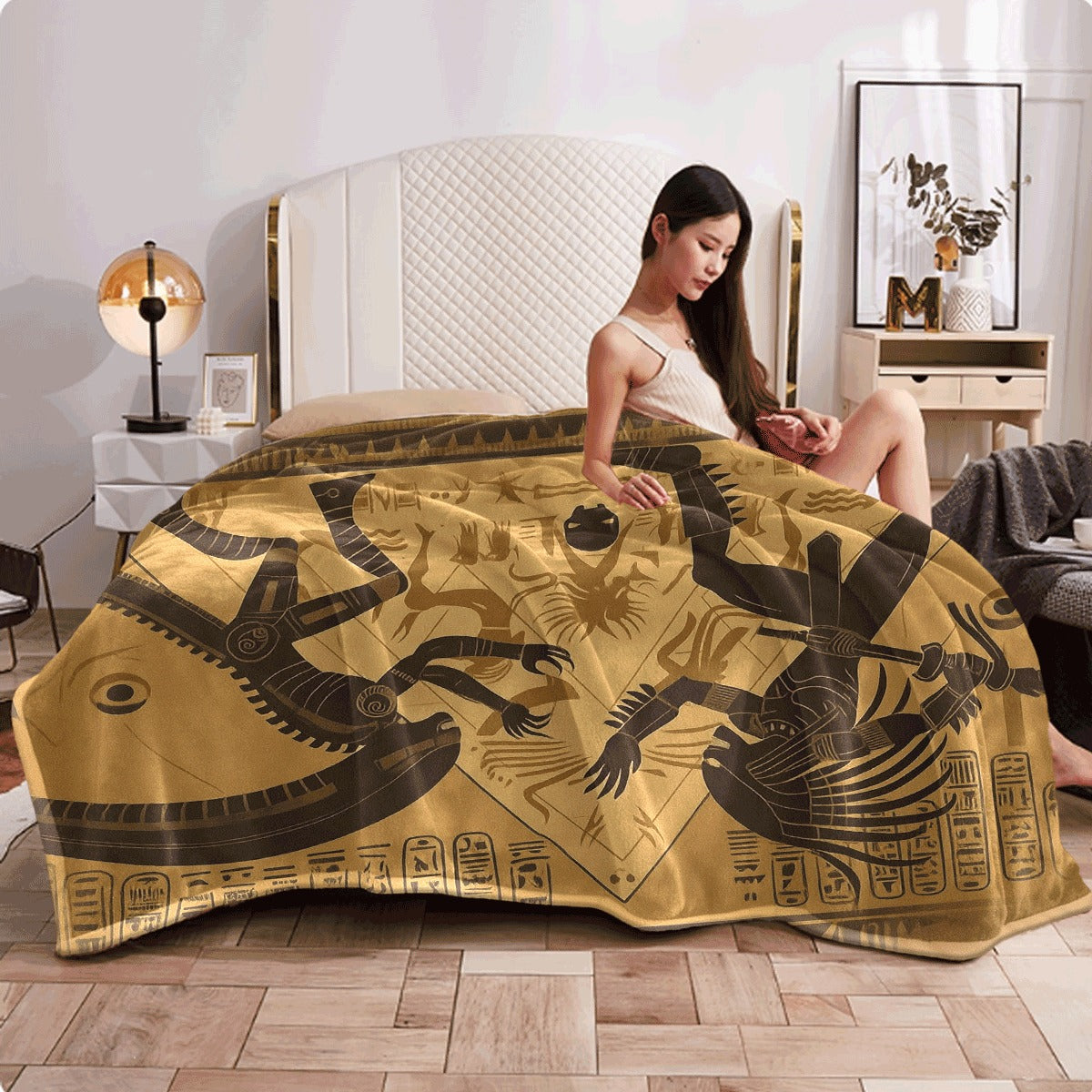 1pc Egyptian Hieroglyphics Throw Blanket Black & Beige Ancient Egypt Design Soft Lightweight Flannel for Couch Travel All-Season Decorative History Buff Gift Machine Washable Polyes