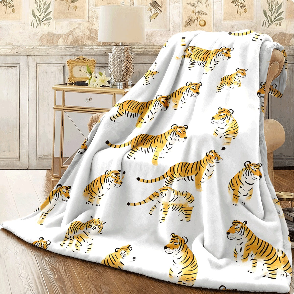 1pc Tiger Pattern Soft Flannel Blanket Orange And Black Tiger Prints Cozy All-Season Sofa Throw Blanket Machine Washable
