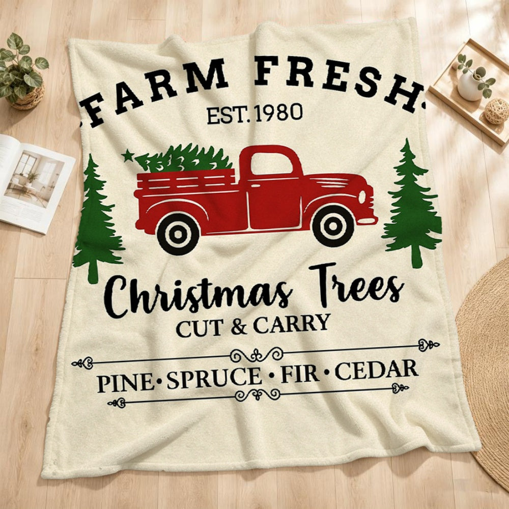 1pc Christmas Red Truck Carrying a Tree Pattern Cream Beige Flannel Blanket, Christmas Winter Body Blanket, Soft Plush for All Seasons, Suitable for Reading Time, Weekend Sofa Naps, and Office Naps