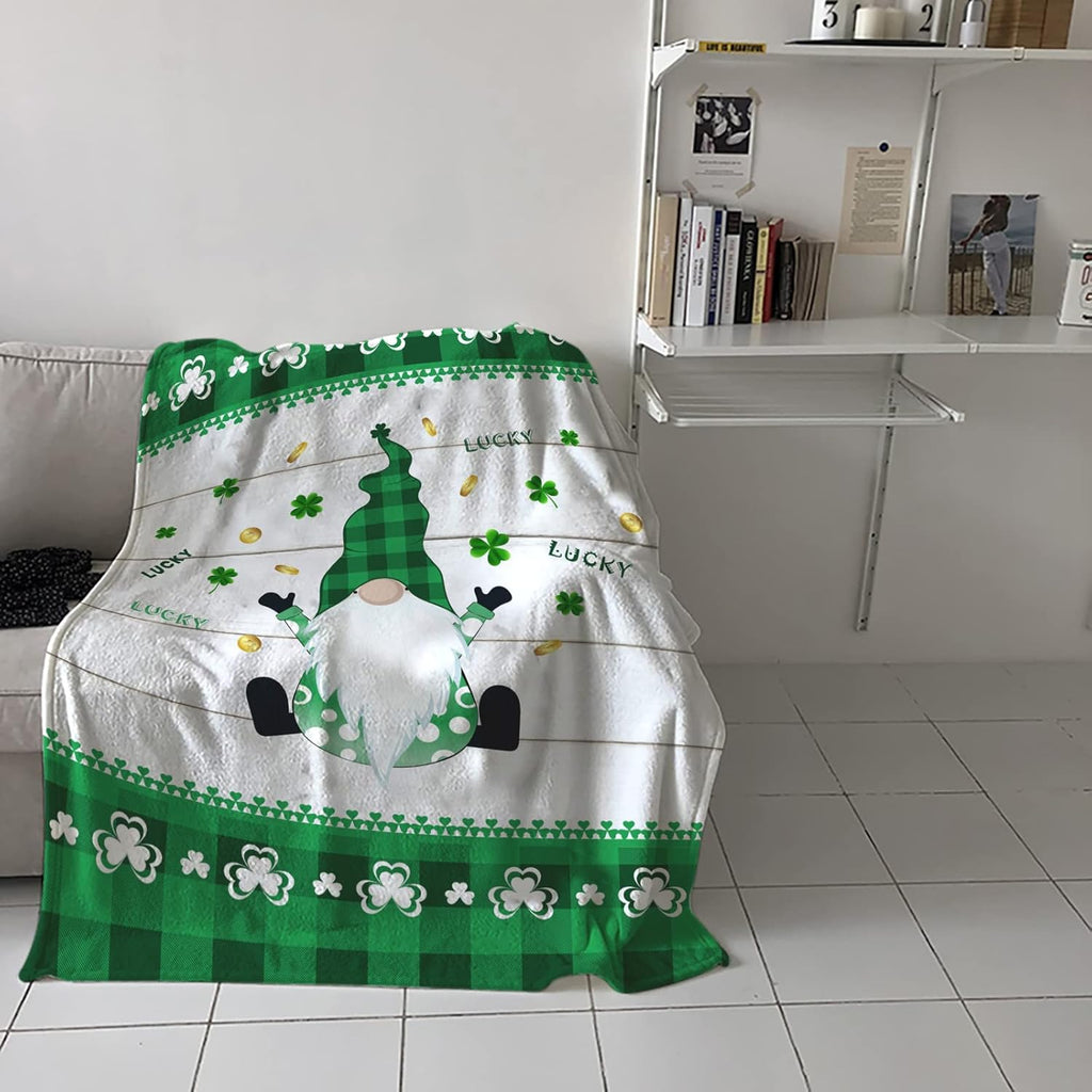 Vandarllin St. Patrick'S Day Gnomes Clover Throw Blankets, Irish Green Buffalo Check Plaid Clover Soft Flannel Blanket Decorative for Home Sofa Couch Chair Living Bedroom, 60X80 Inches, Spring Holiday