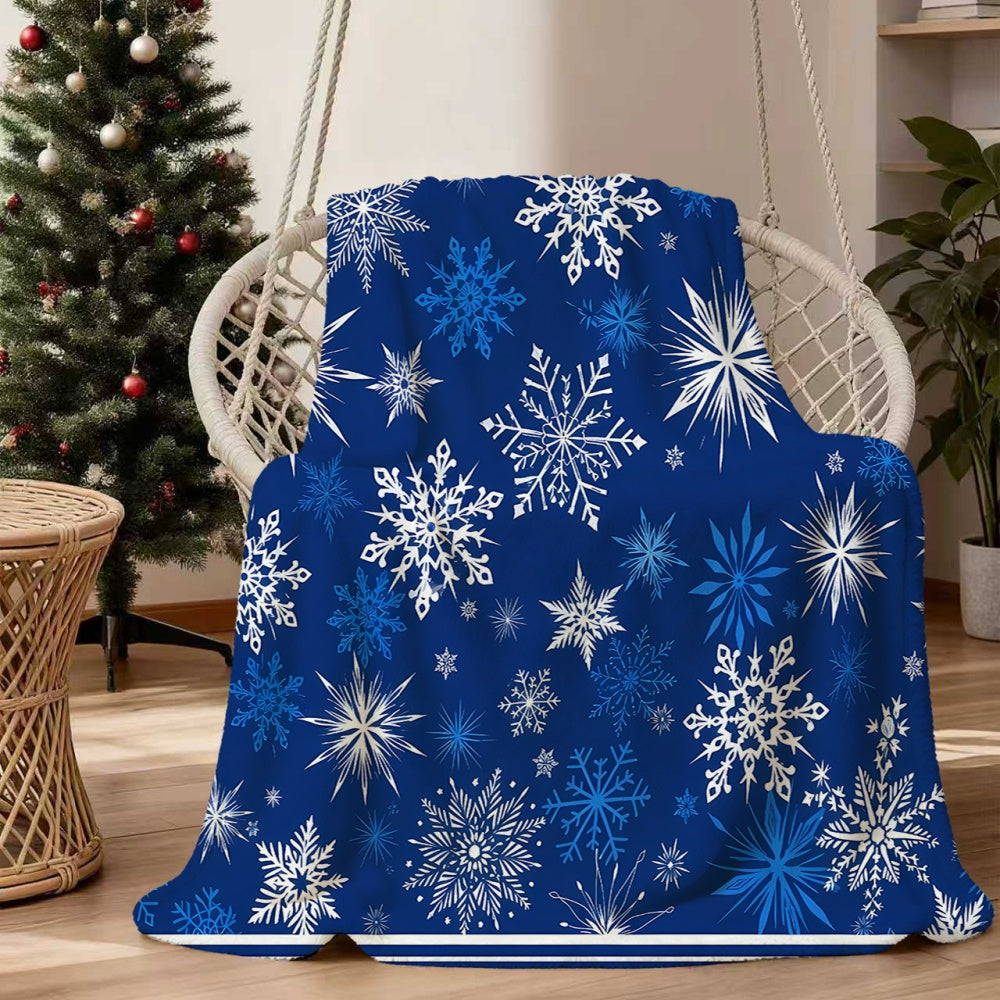 1pc Blue Snowflake-themed Flannel Blanket, Soft, Comfortable, and Warm, with a Dark Blue and White Design. A Four-season Universal Blanket and Warm Throw Blanket, Available in Multiple Sizes. Suitable for Living Room Sofas, Bedroom