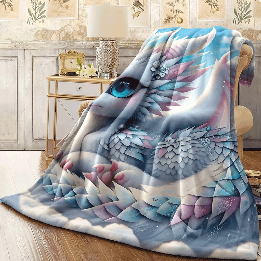 1pc Adorable White Dragon Print Flannel Blanket Soft & Warm All-Season Lightweight Spread Cute Blue-Eyed Dragon & Pastel Rainbow Design Contemporary Geometric Patterns Machine Washable Co