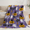 1pc 2D Flat Print Halloween Cat Pumpkin Pattern Blanket, Soft Flannel Throw, Purple Cartoon Design, All-Season Warm Cover Blanket, Multiple Sizes Available, Suitable for Living Room Sofa, Bedroom, Reading Nook, Holiday Parties, and Leisure Time