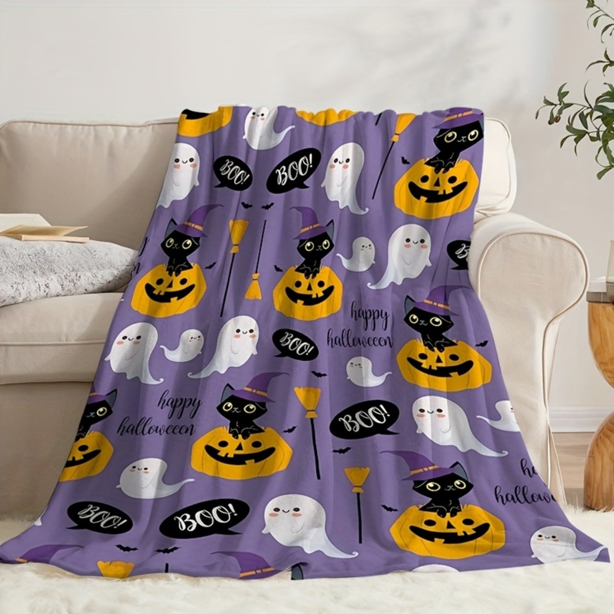 1pc 2D Flat Print Halloween Cat Pumpkin Pattern Blanket, Soft Flannel Throw, Purple Cartoon Design, All-Season Warm Cover Blanket, Multiple Sizes Available, Suitable for Living Room Sofa, Bedroom, Reading Nook, Holiday Parties, and Leisure Time