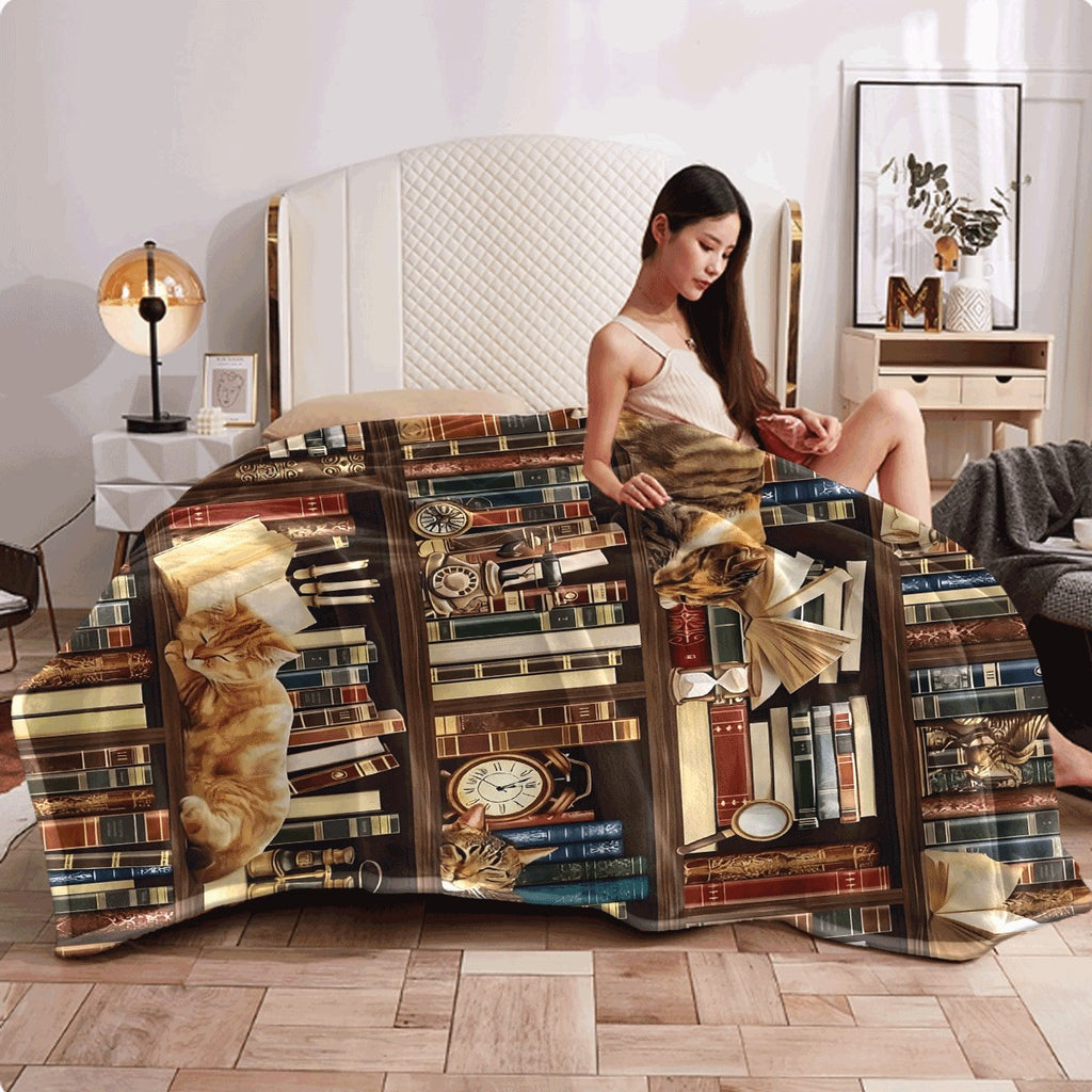 1pc Cozy Flannel Blanket with Vintage Bookcase Cat Print Retro Book Lover Reading Nook Home Decor Ultra Soft Warm All Season Sofa Couch Blanket