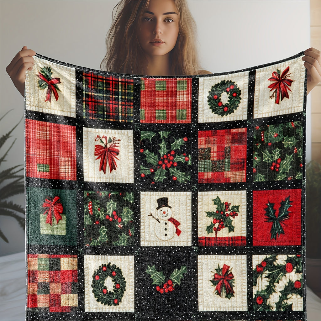 1 Cozy Flannel Christmas Blanket with Snowman and Red Berry Prints - Soft, Warm, and Cozy, Suitable for Sofas, Cars, Offices, Camping, Travel - an Ideal All-season Gift for Christmas Decorations