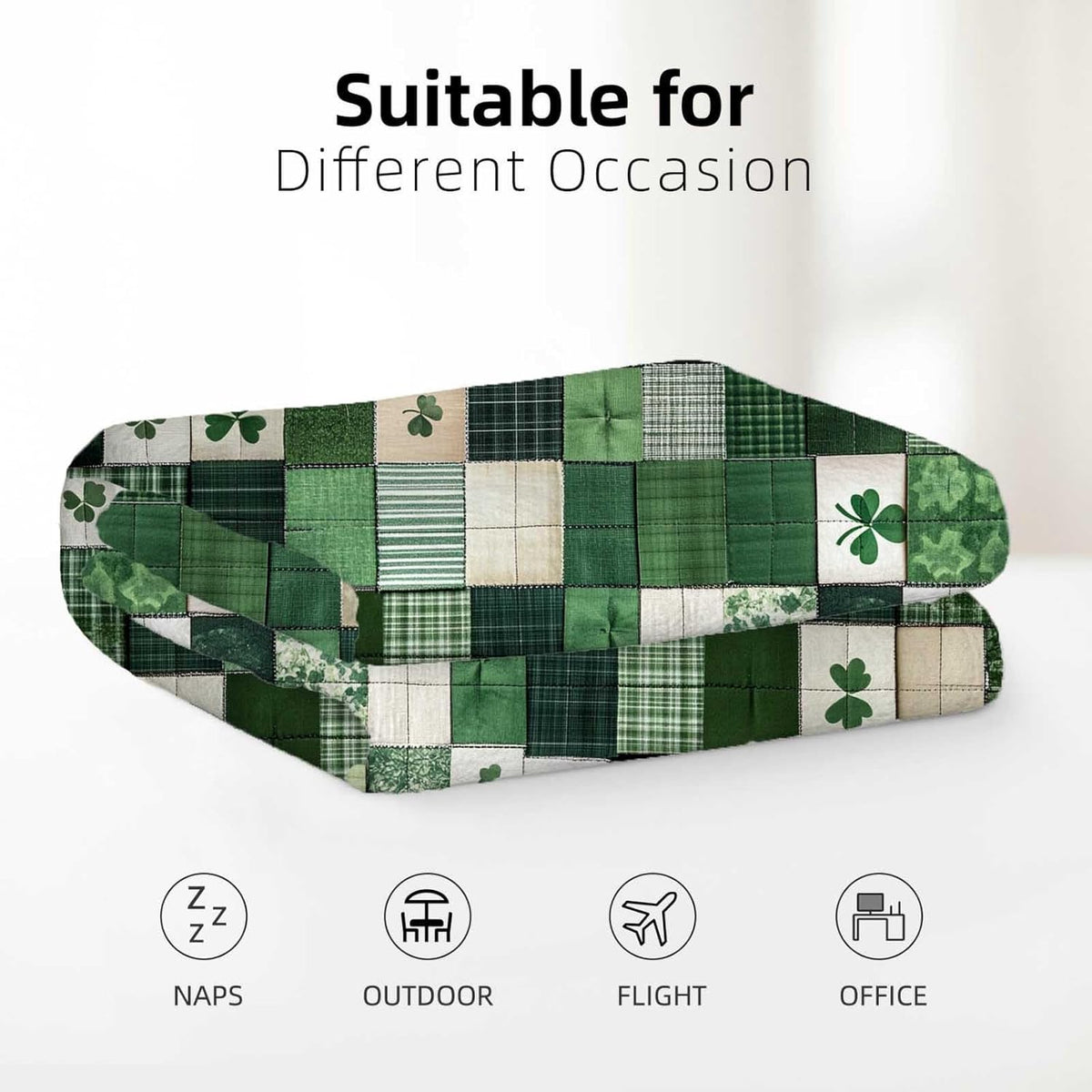 St. Patrick's Day Printed Patchwork Throw Blanket, Green Clover Design, Soft and Cozy Quilted Blanket for Living Room, Bedroom, and Couch - St. Paddy's Day Home Decor, 60x50